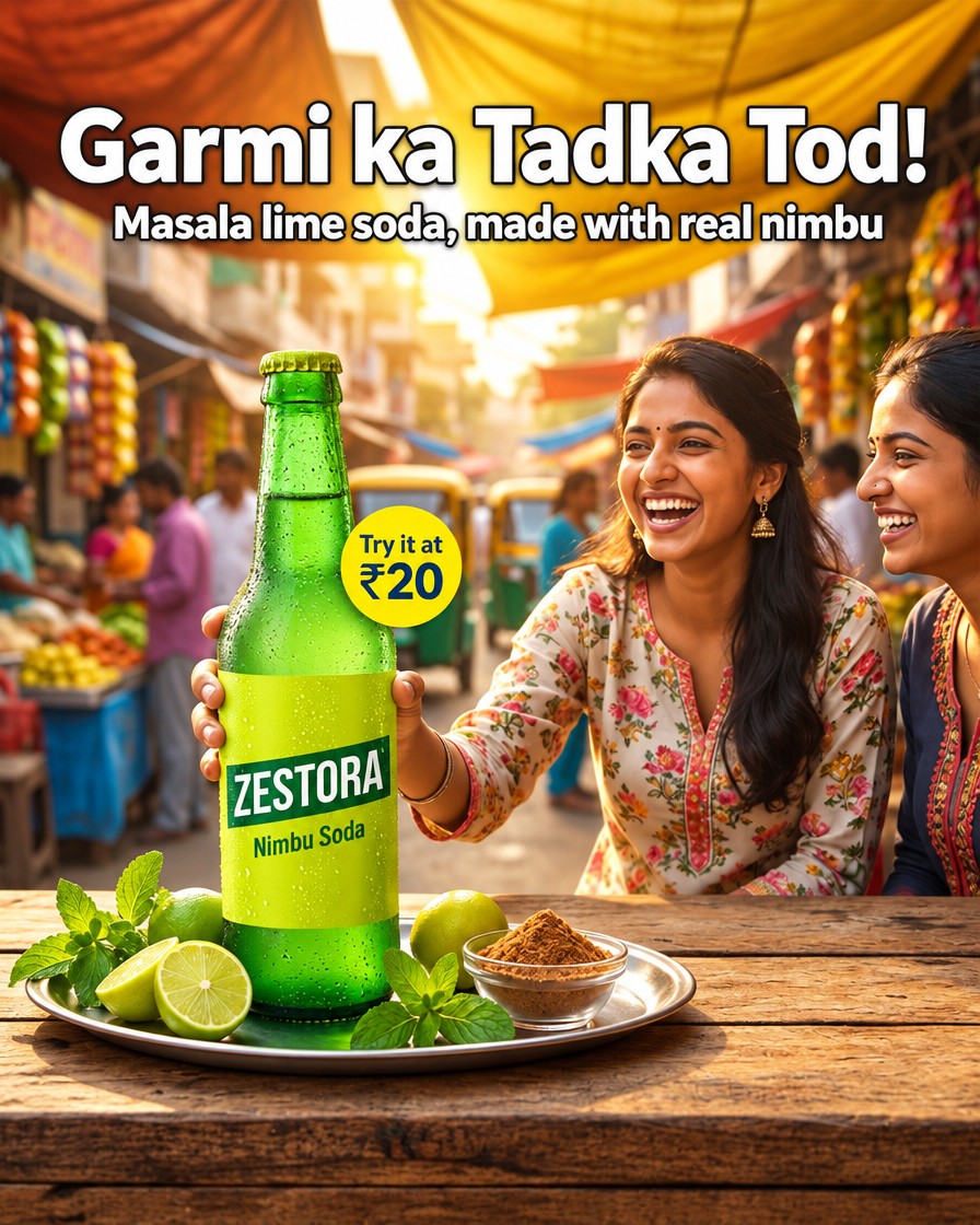 Sample ad for Zestora Nimbu Soda, a fictional brand
